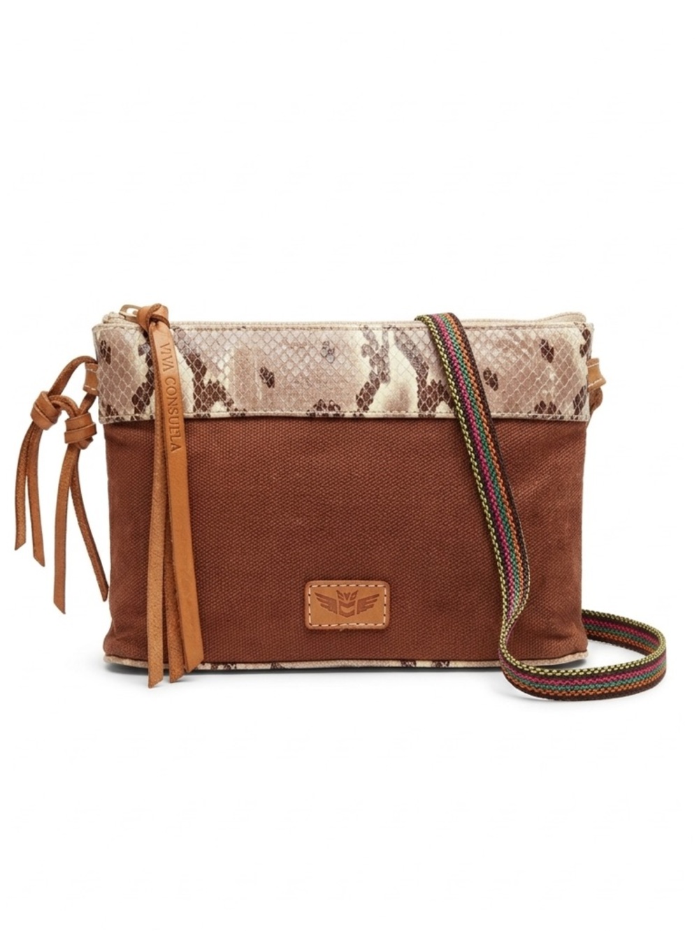 Consuela Martina Brown Canvas Crossbody with Snake-Print Trim